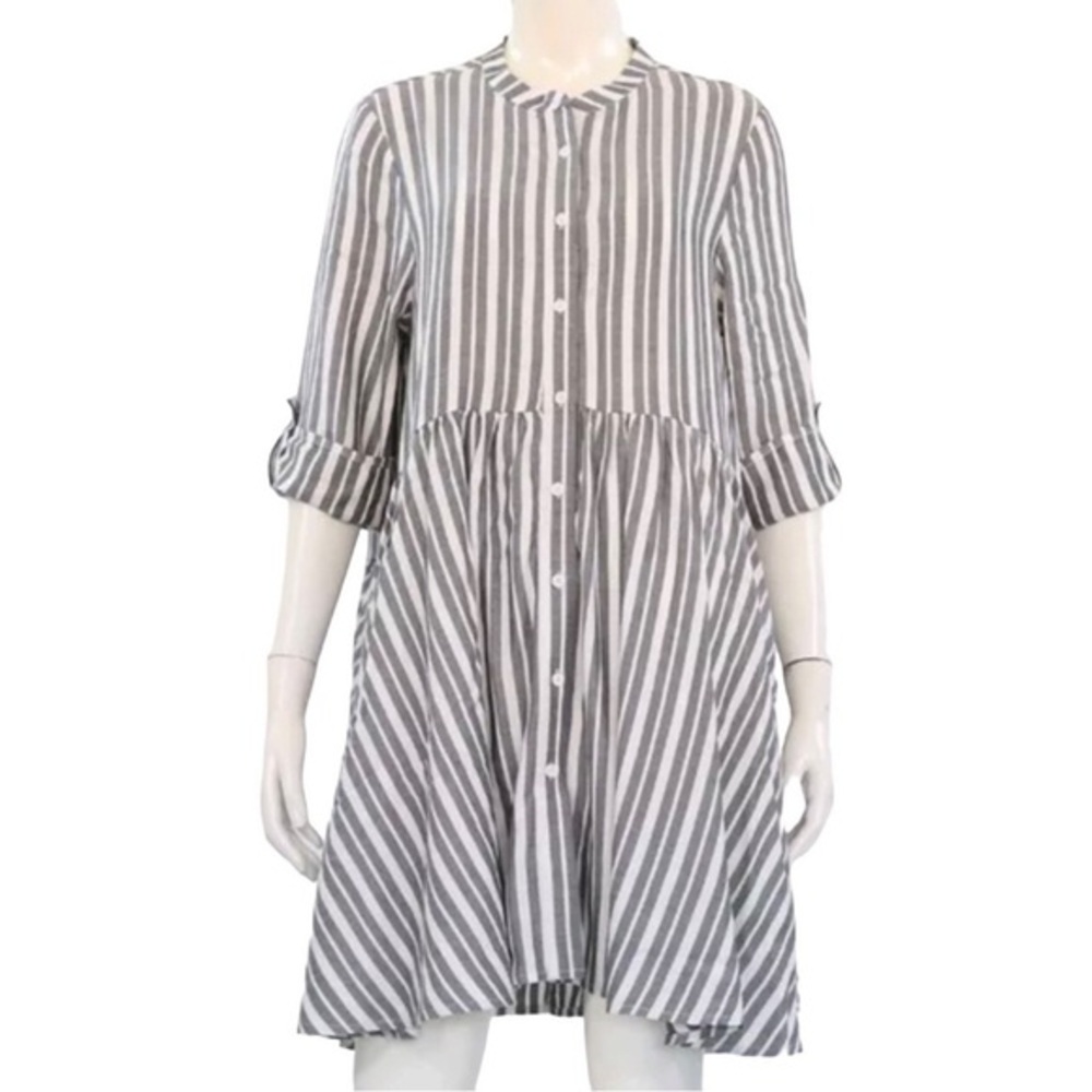 Adyson Parker Medium Rayon Striped Tab Sleeve Lagenlook Shirt Dress Oversized